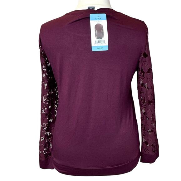 Adrianna Papell Lace Overlay Crew Neck Long Sleeve Top in Merlot Women's Large - Picture 11 of 15